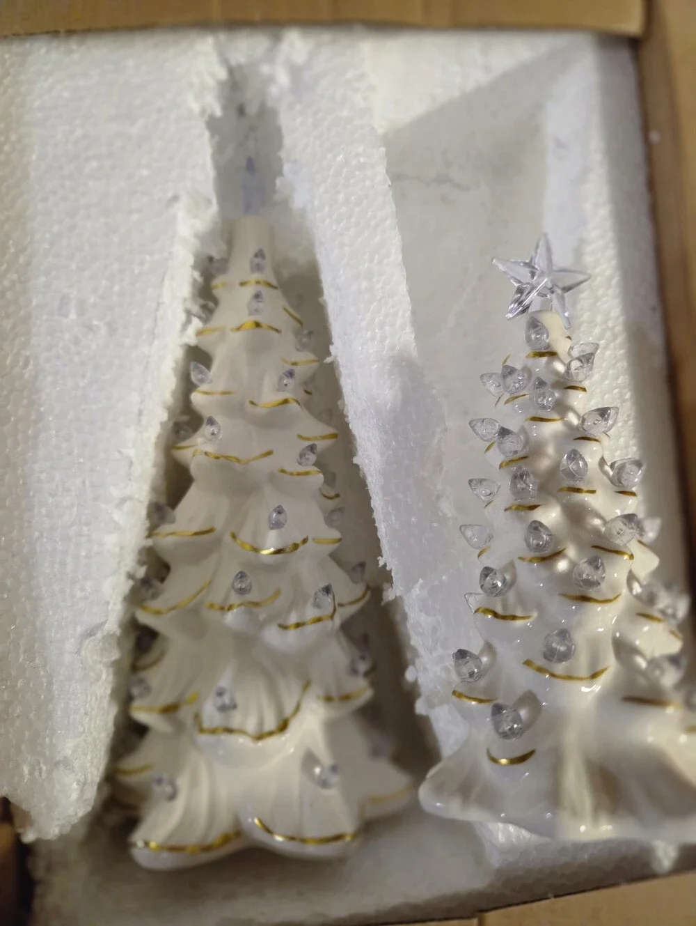 Ceramic White Light  Holiday Tree Set with Gold Trim and Clear Lights -